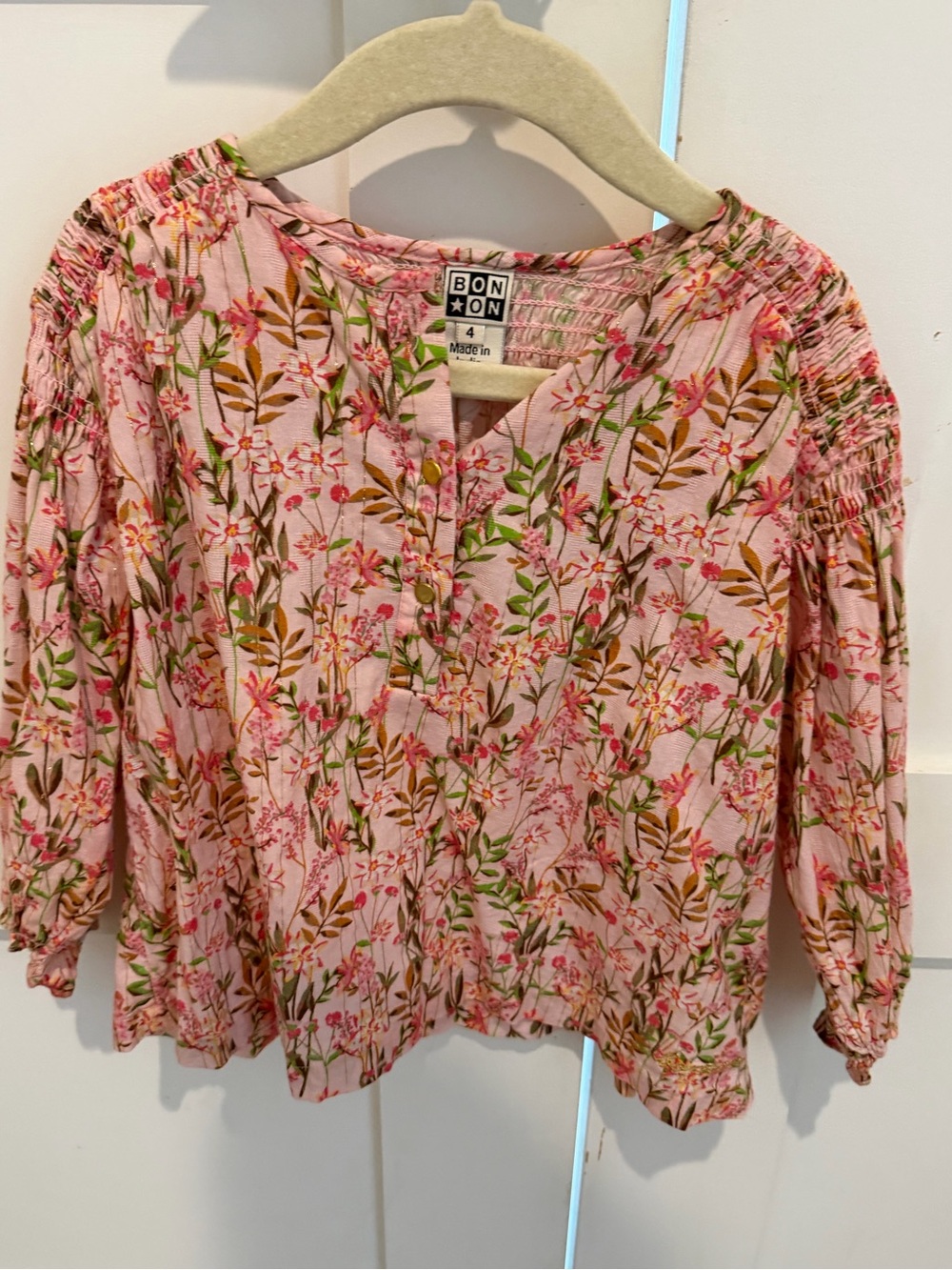 Bonton Pink Floral Button-Front Smocked Blouse